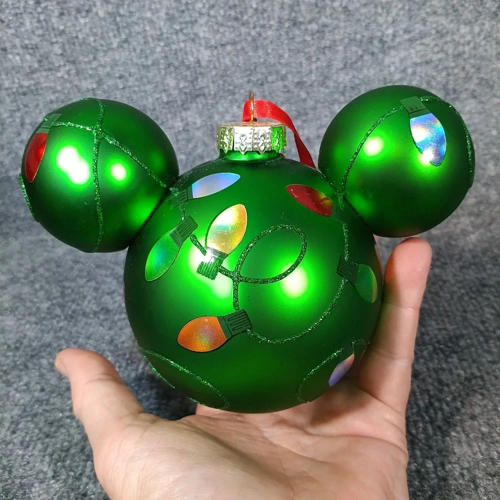 Disney Parks Mickey Mouse Icon Glass Ball Ornament Holiday Lights Green Festive